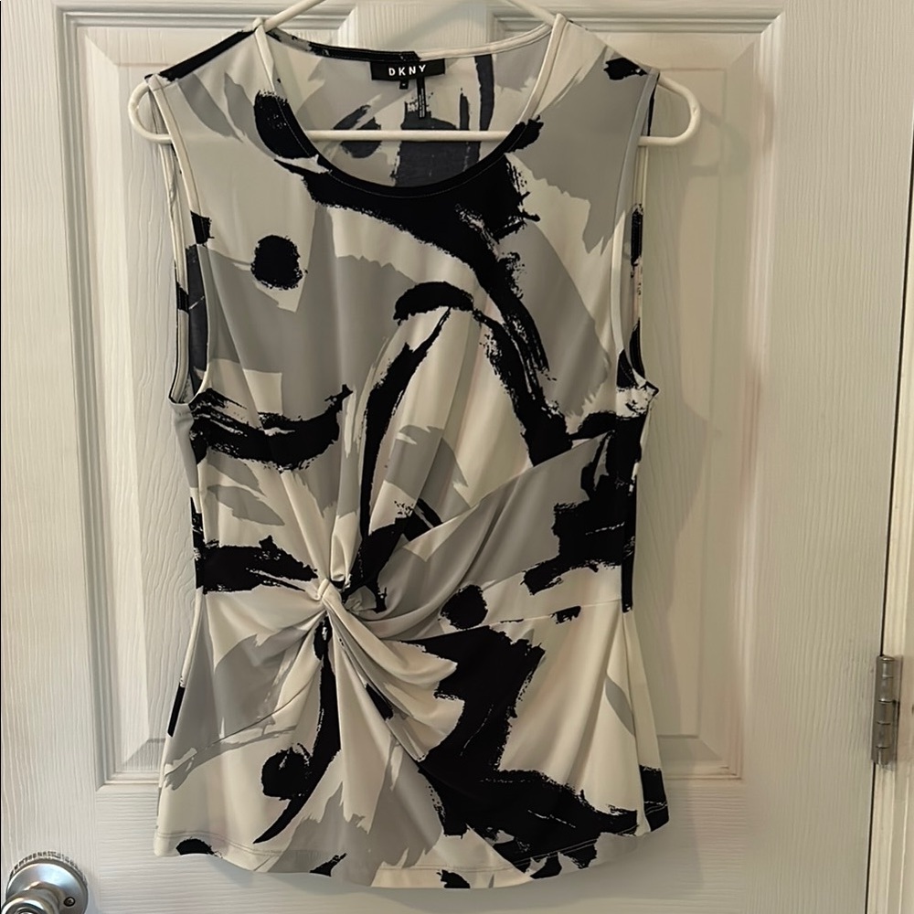 DKNY Black and White Asymmetrical Tie Front Blouse